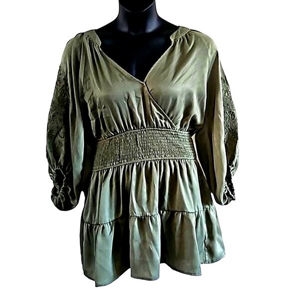 A Collective Story Annie Olive Green Smocked Mini Dress - Size Large NWOT - Picture 2 of 9